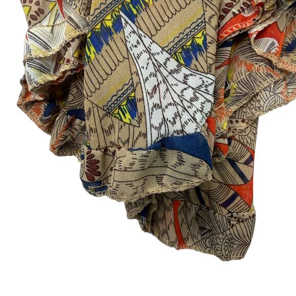 HOPE Boho Sheer Printed Cape Poncho Top Tan Tie Neck Ruffle Hem Festival Hippie - Picture 10 of 11